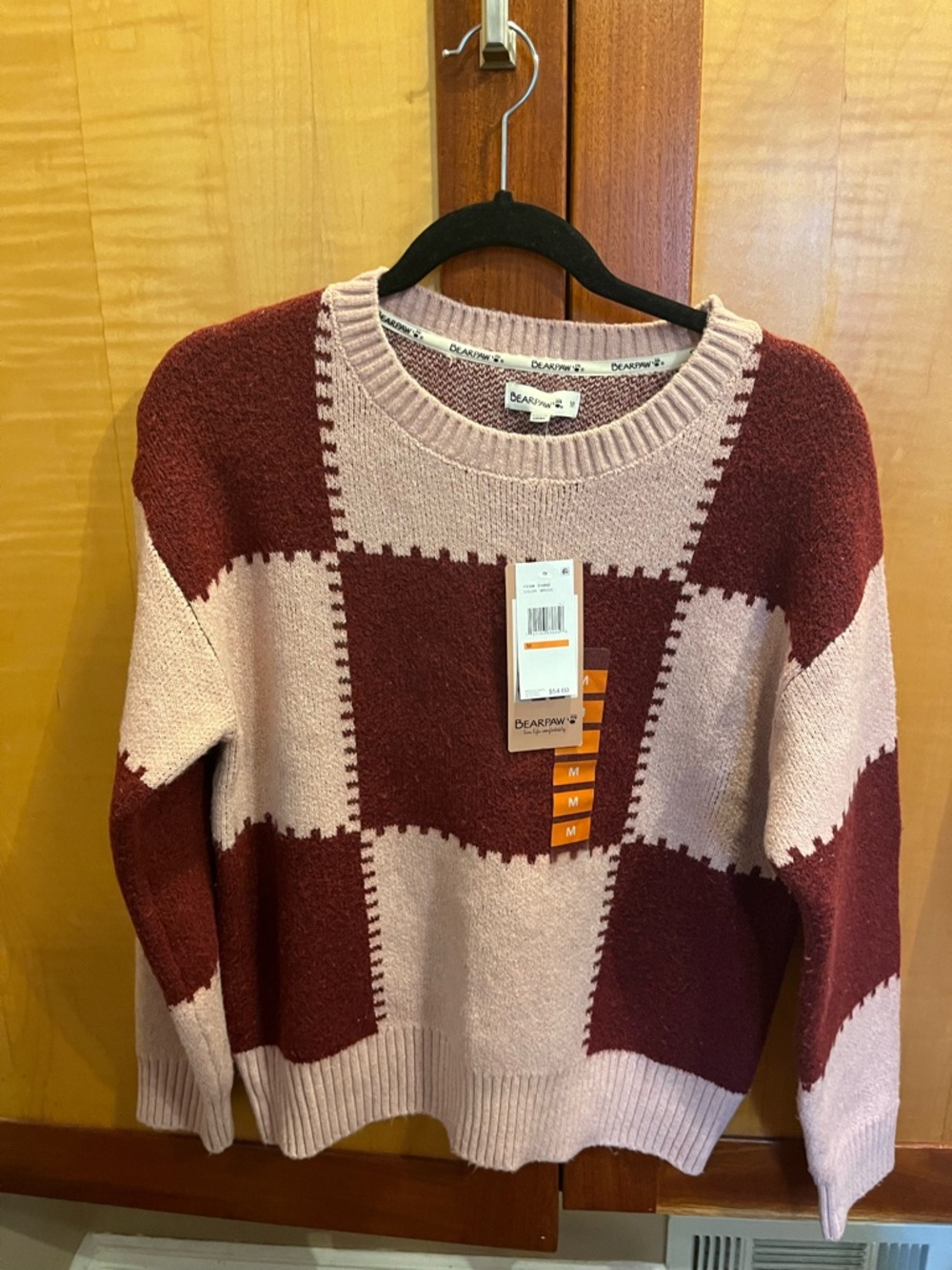 Bearpaw women’s Two-Tone Checker Knit Sweater - Burgundy & Light Pink